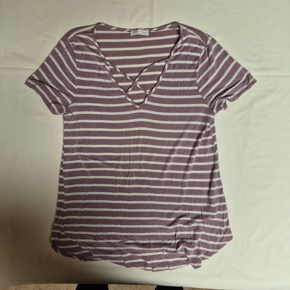 Emory Park Womens Mauve White Striped Criss Cross V-Neck T-Shirt Medium M4015T